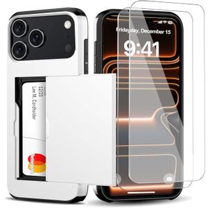 for iPhone 17 Pro Wallet Case with Card Holder + 2 Tempered Glass Screen Protector Protective Shockproof Hidden Card Slot Slim Case Women Men for iPhone 17 Pro 6.3White