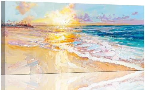 AmoyArt Ocean Wall Art for Living Room, Beach Canvas Wall-Decor for Bedroom, Sunset Picture Print for Home, Size 48x24 Inches