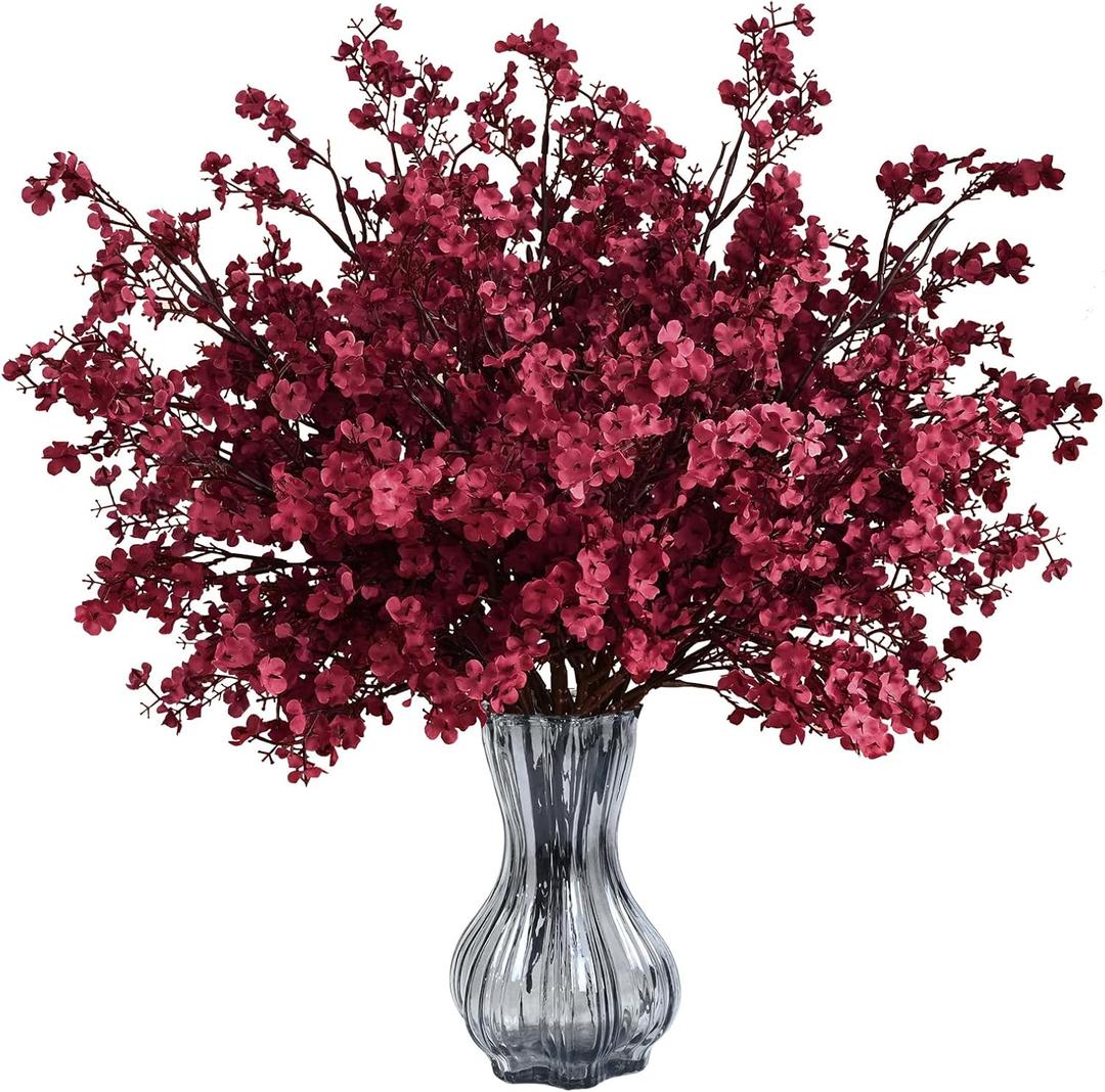 Waipfaru 6Pcs Fake Flowers Babys Breath Silk Artificial Flowers Gypsophila Bouquets Bulk Real Touch Fall Stems for Fall Thanksgiving Decor Autumn DIY Floral Arrangement Table Centerpieces, Wine Red