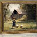 Tertiosh Gold Frame Vintage Country Canvas Wall Art Boy Duckling Barn Wall Decor Picture Rural Farm Painting Print Artwork for Retro Farmhouse Home Children's Room Decoration 9x11in (11L"x9W")