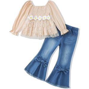 XUANHAO Toddler Girls Clothes Puff Sleeve Smocked Shirt Flare Jeans Pant Outfits for Girl Bell Bottom Kids Girls Clothing Set