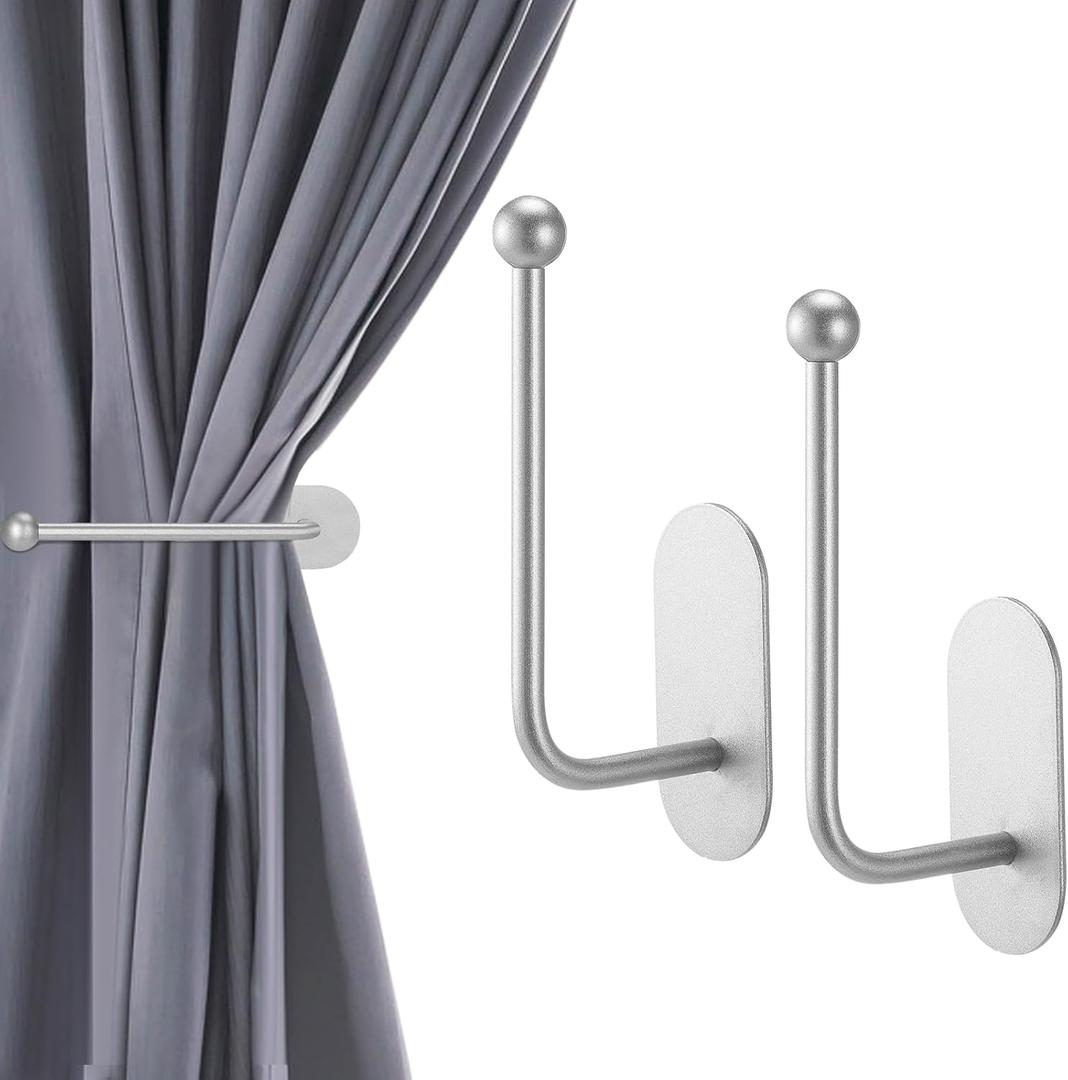 CroBlissful 2 Pcs Adhesive Curtain Holdbacks No Drill Curtain Holdbacks Curtain Tie Backs Retro Window Hook for Drapes Home Decor (Silver)