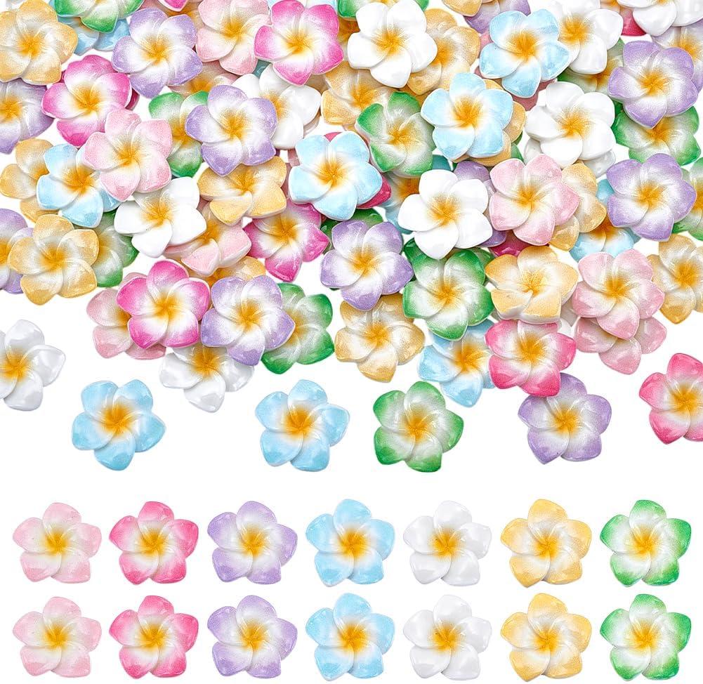 UNICRAFTALE 105Pcs 7 Colors Plumeria Flower Cabochons Resin Floral Flatback Bead Chrams 3D Mini Hawaii Flower Cabochon for Crafts Scrapbooking Embellishments Cellphone Case Making