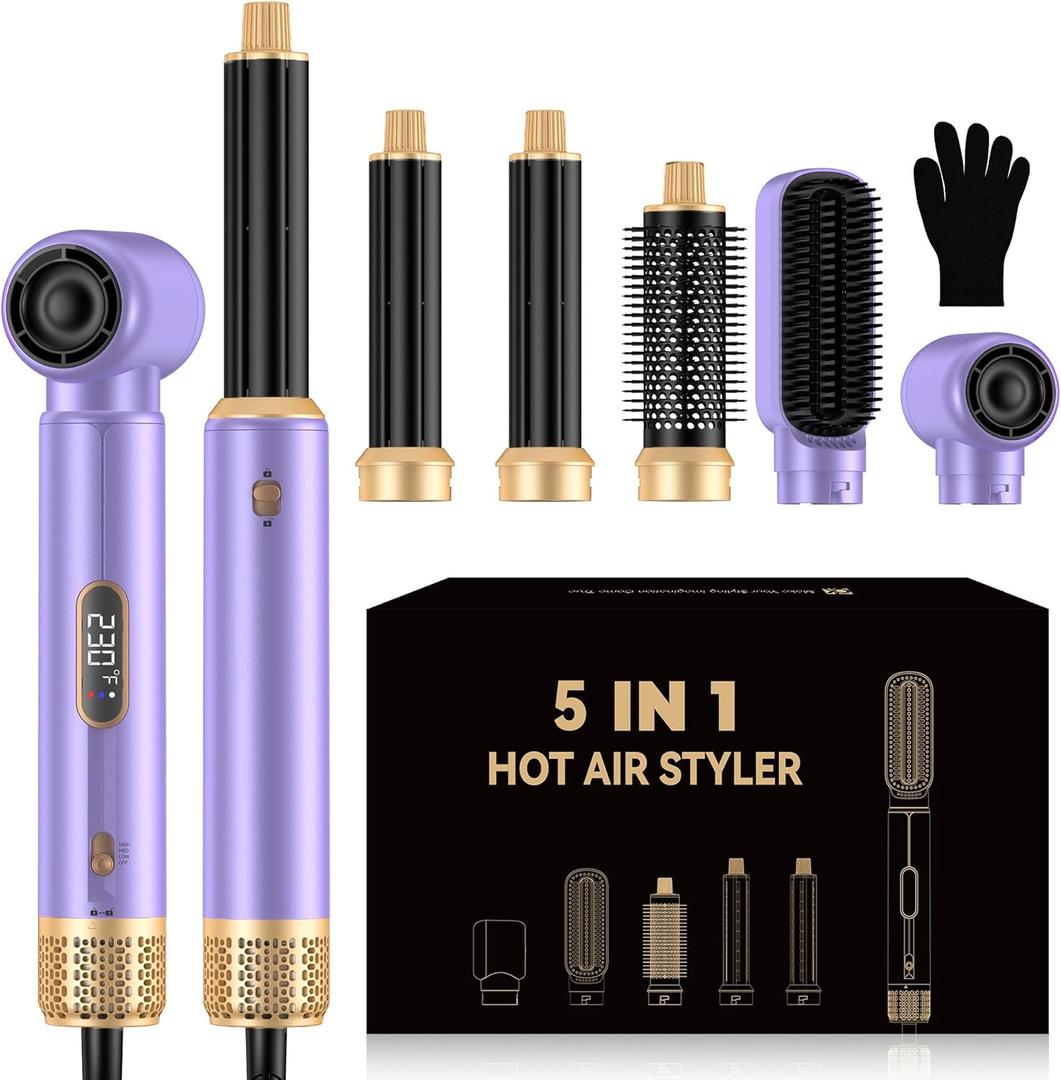 5 in ONE Blow Dryer Brush with LCD Display, Upgrade Hair Dryer Brush Air Curling Wrap Styler, Ionic Round Brush Blow Dryer for Women, Hot Air Brush Hair Styling Tools 100-120V