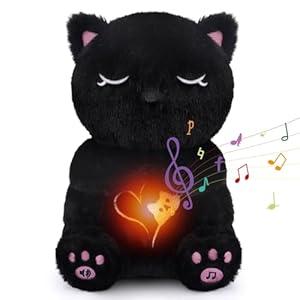 KOPHINYE Breathing Cat Stuffed Animal, 11inch Black Cat Plush Soothing Stuffed Animal with Calming Music, Lights, Soft Breathing Sleeping Plush for Kids, Adult (3-Levels Mode & Volume)