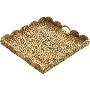Extra Large Square Ottoman Table Tray 19.7" with Handles - Water Hyacinth Wicker Serving Wicker Tray for Farmhouse Decorative Oversized Coffee Table Living Room Kitchen Counter Breakfast Scalloped (20" x 20" x 2.4")