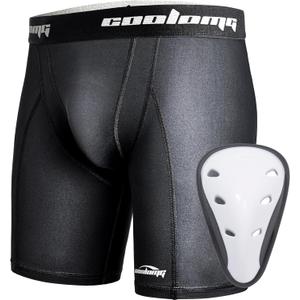 COOLOMG Youth Boys Compression Shorts with Protective Cup Athletic Sports Underwear for Baseball Football Lacrosse Hockey XL