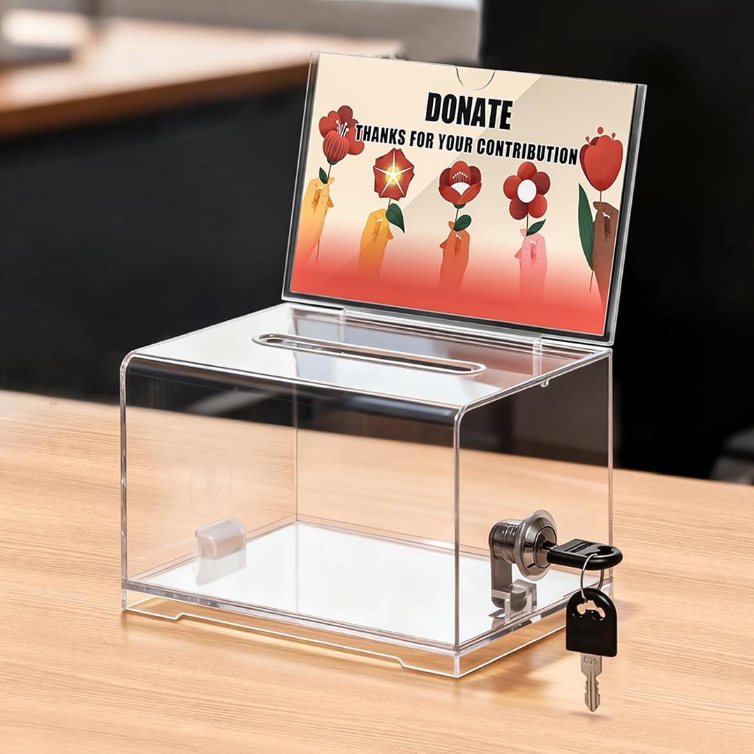 KYODOLED Clear Donation Box for Fundraising with Lock & Sign Holder, Valentine's Day, Multi-Use Voting and Raffle Box, Tip Jar, Secure Storage, Durable Plastic, 6.2'' x 4.6'' x 4.0''