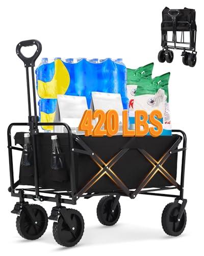 Hipicute 420LBS Heavy-Duty Collapsible Wagon Cart | All-Terrain Folding Utility Wagon with Drink Holders, Steel Frame & Waterproof Fabric | Perfect for Beach, Camping, Gardening, Grocery Shopping