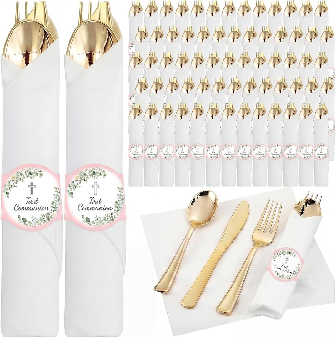 Pink 25 Pack Blue First Communion Decorations Pre Wrapped Silverware Set Disposable Serves 25, Gold Napkins Knives Forks and Spoons Baptism Party Utensils for Christening Celebration Party