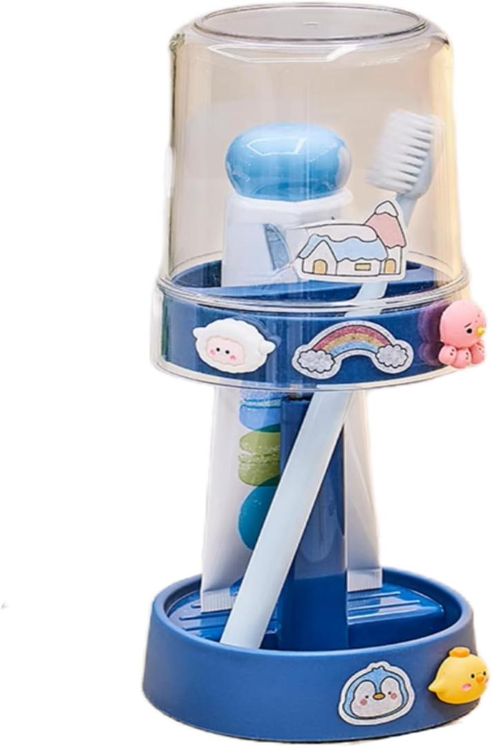 Kids Toothbrushes Holder with Cute Cup, with Kawaii Badge Sticker, Electric Toothbrush Holder for Kids Toddler, Tooth Brush Stand, Creative Bathroom Organizer Storage (Blue)