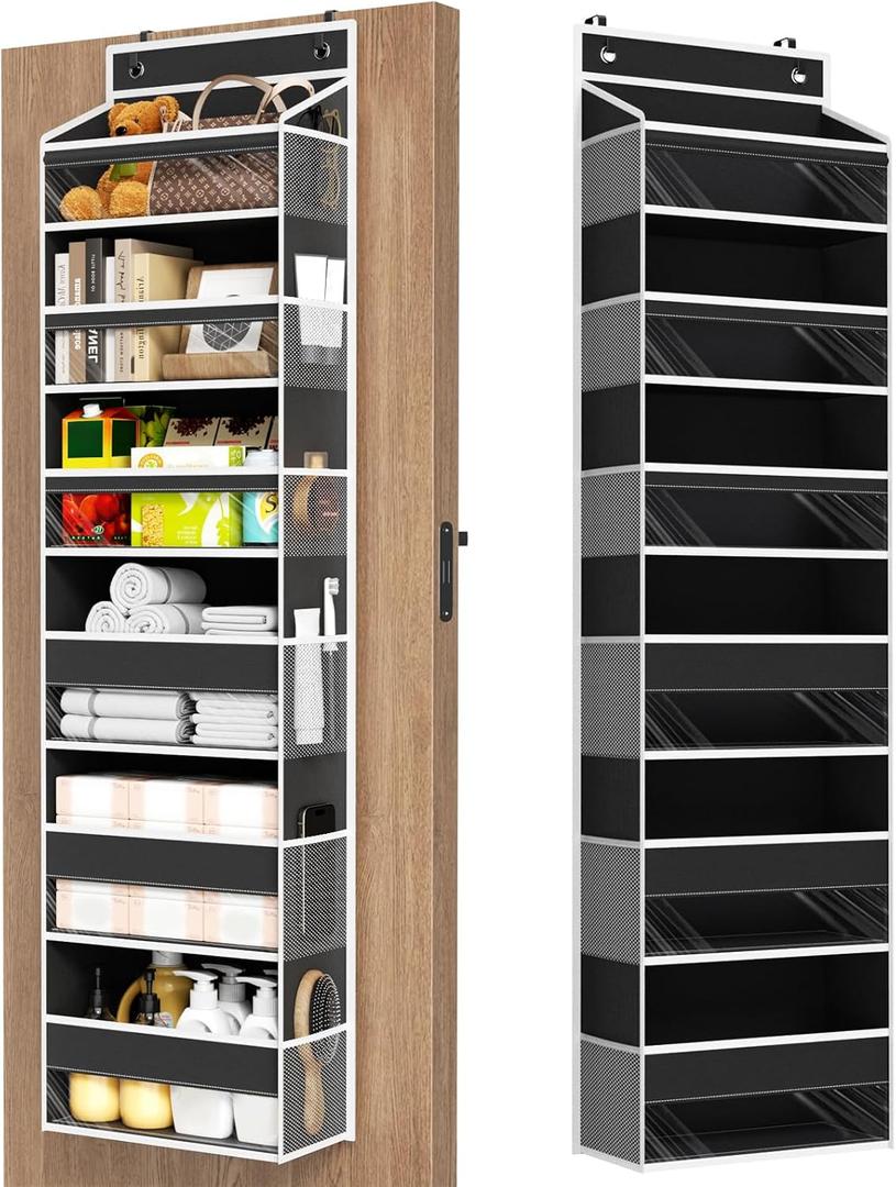 Over The Door Organizer, 6 Shelf Door Hanging Organizers with 6 Large Capacity Pockets, Behind Door Storage Hanging Shelves for Closet Wall Bathroom Bedroom Nursery (Black)