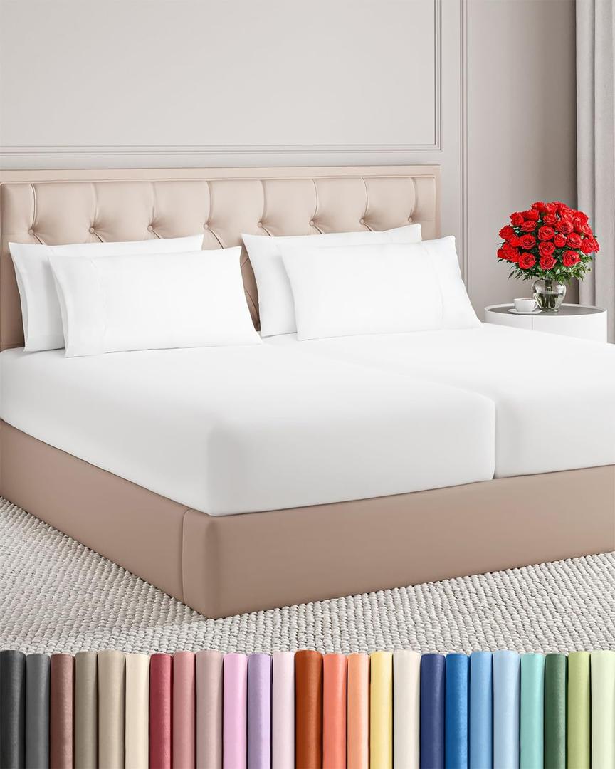 Split King Sheets Set 7 Piece - Includes 4 Pillowcases - Bed Sheets Split King - Soft Hotel Luxury Bedding - Cooling, Comfy & Breathable - 1 Flat & 2 Fitted & 4 Pillowcases w/ Deep Pockets - White