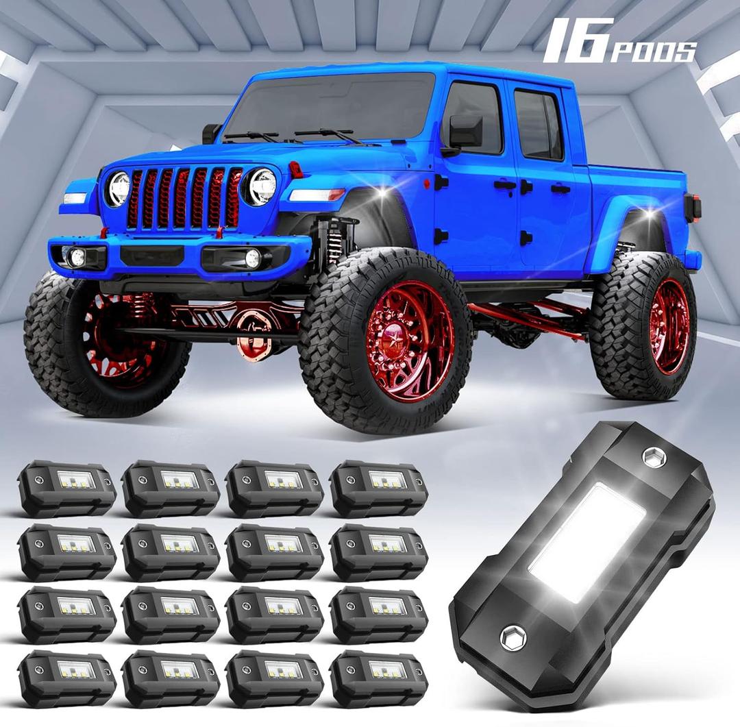 LED Rock Lights White 16 pods for Car Truck SUV Offroad Boat Trail Rig Lamp Super Bright Pure White Waterproof LED Underglow Light for ATV UTV