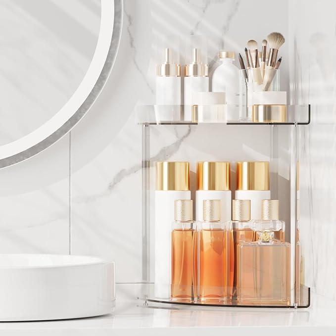 Bathroom Counter Organizer Countertop 2 Tier Storage Acrylic Corner Makeup Organizer for Makeup, Perfume, Vanity, Spice Rack, Bathroom Sink, Coffee Station(Clear)