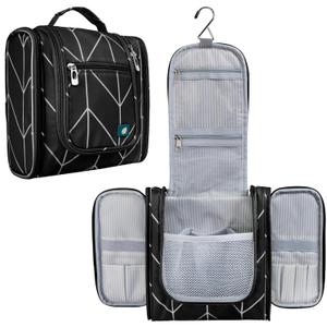 PAVILIA Toiletry Bag Travel Bag for Women Men, Hanging Cosmetic Organizer, Water Resistant Makeup Bag for Accessories Toiletries, Large Travel Essentials Kit (Black Chevron)