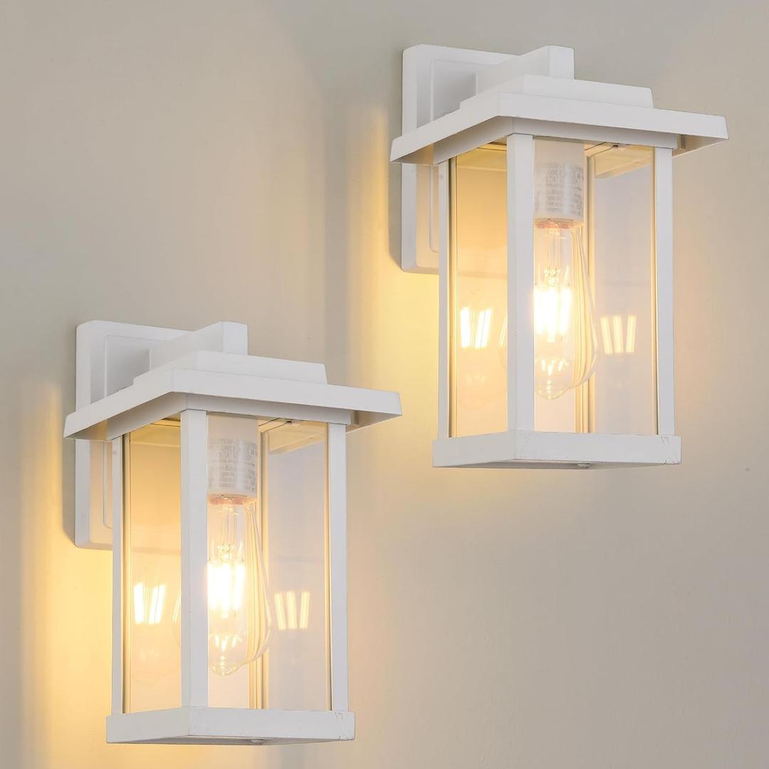 Outdoor Wall Sconce, Outside Porch Light Fixtures, Anti-Rust Exterior Wall Lights in Matte White Finish with Clear Glass for Garage Doorway Entryway, 2 Pack