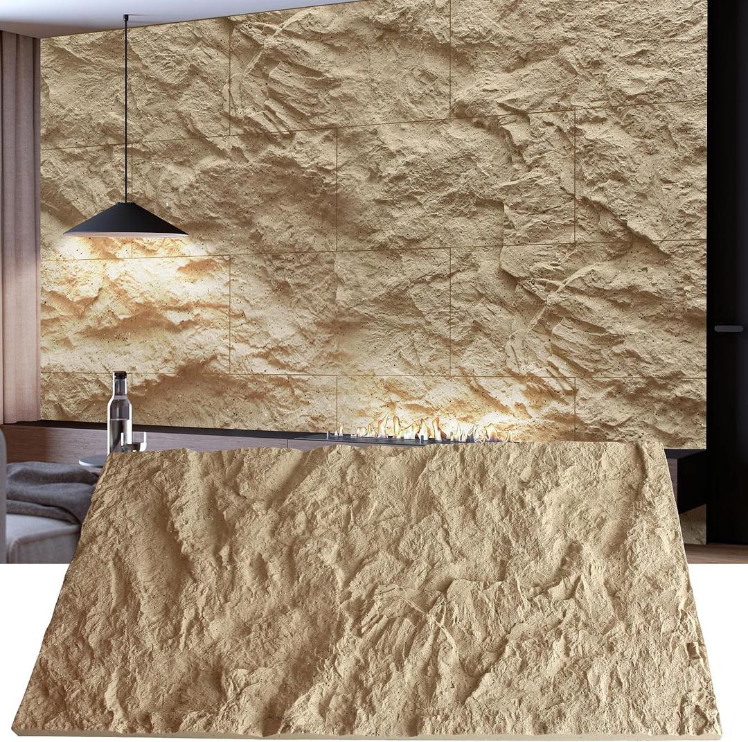 KASARO 3D Faux Stone Wall Panels, 4 PCS PU Wainscoting Panel for Interior Wall Decor, Cement Texture Thicker Accent for Home, Office, 43.3 23.6 inch, Golden Hemp