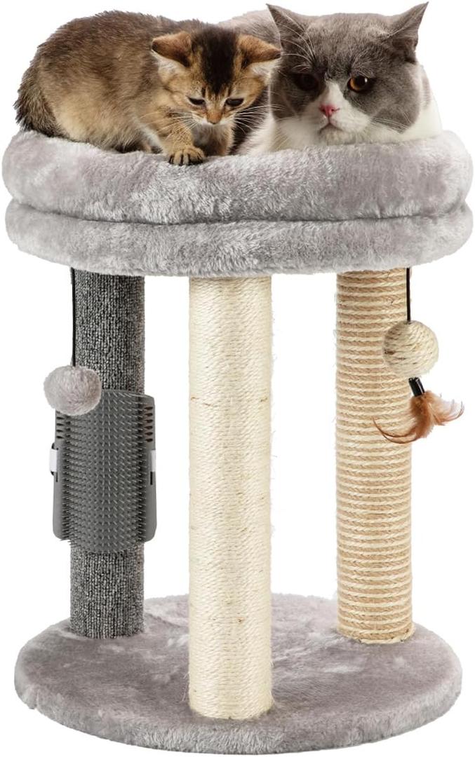 MECOOL 4in1 Small Cat Tree,Scratching Post with Tower Soft Bed, Sisal Carpet Jute Posts with Three Hanging Ball Toys and Massage Brush for Indoor Cats and Kittens (Gray)