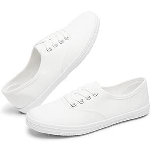 TUOPIN Womens White Canvas Sneakers Low Top Lace-up Canvas Shoes Lightweight Casual Tennis Shoes, 9