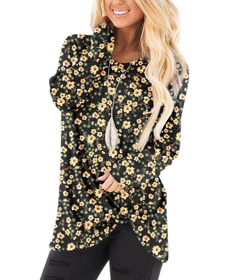 NILOUFO Womens Long Sleeve Shirts Casual Blouses Trendy Twist Knot Tunics Tops for Leggings(Yellow Flower, Small) (Black, S)