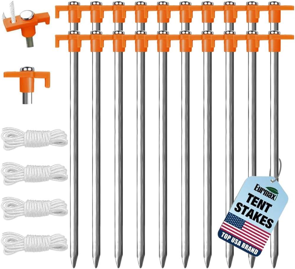 Eurmax USA 20-Pack Secure Protection Galvanized Tent Stakes,Rust-Proof Steel Canopy Anchors for High Winds,Heavy Duty Commercial Ground Pegs for Camping,Pop Up Tents&Gazebos - Includes 4x10ft Ropes
