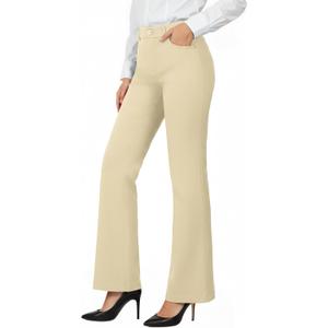 Womens Straight Leg Dress Pants Stretchy Bootcut Work Pants Button Casual Slacks with Pockets (Beige, M)