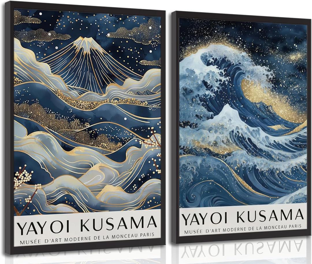 2Pcs Mount Fuji Blue Gold Wall Art Kanagawa Giant Wave Canvas Prints Japanese Fuji Painting Japanese Landscape Wall Decor Modern Japandi Style Posters Picture for Living Room, Bedroom Unframed