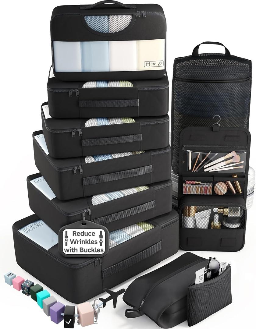 Veken 10 Set Packing Cubes for Travel Essential, Suitcase Organizer Bags in 4 Sizes, Carry-On Luggage Accessories with Large Laundry & Shoes Bag, Must-Have for Airplane, Road Trip & Camping (01 Black)