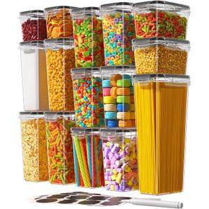 Airtight Food Storage Containers with Lids, 15 PCS Kitchen and Pantry Organization Canisters, BPA-Free, PVC-Free, Food-grade Plastic Leak-proof Jars for Cereal, Flour, Sugar, Extra 24 Labels & Marker