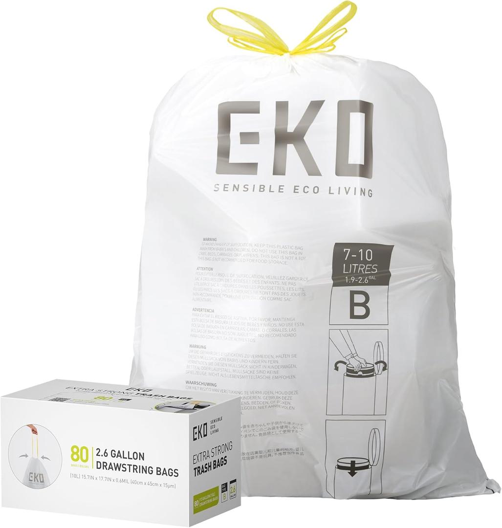 EKO 2.6 Gallon / 7-10 Liter, 80 Count Small Drawstring Trash Bags, Extra-Strong Unscented Garbage Bags, Easy-Dispense Roll for Kitchen & Household Use, Resists Tears, Leaks and Punctures, Code B White