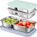 3 Pack Stainless Steel Snack Containers with Silicone Lids, 2-Compartment Snack Containers for Lunch, Office, Travel & Camping(Aqua, Blue, Grey)
