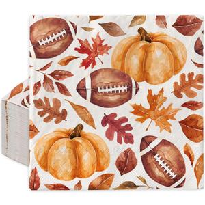AnyDesign 80Pcs Fall Football Pumpkin Paper Napkin Maple Leaves Pumpkin Rugby Luncheon Napkin 6.5 x 6.5 Inch Autumn Decorative Dinner Hand Napkin for Farmhouse Birthday Baby Shower Tea Party Supplies