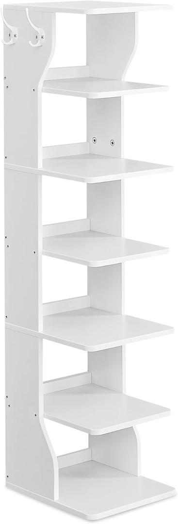 VASAGLE 7-Tier Vertical Shoe Rack, Narrow Shoe Storage Organizer with Hooks, Slim Corner Tower Shelf, Space-Saving for Entryway and Bedroom, White ULBS200T14