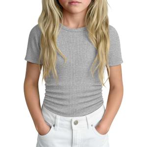 Girls' Shirt Short Sleeve Basic Top Tween Summer Ribbed T-Shirt Teen Cute Fitted Soft Tee for Kids Aged 5-14