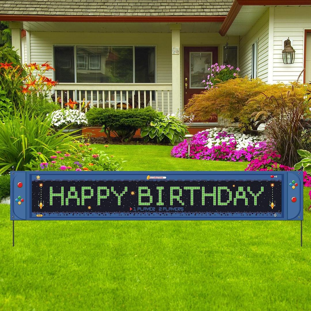 Large Video Game Happy Birthday Banner Videogame Baby Shower Party Decorations Level up Gaming Themed Birthday Outdoor Indoor Yard Lawn Garden Decoration 9.8 x 1.6 ft