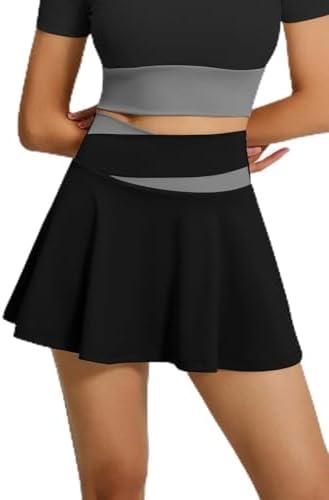 Color Block Tennis Skort for Women, High Waist Flowy Athletic Skirt with Built-in Shorts for Golf Workout Yoga (Black, XL)