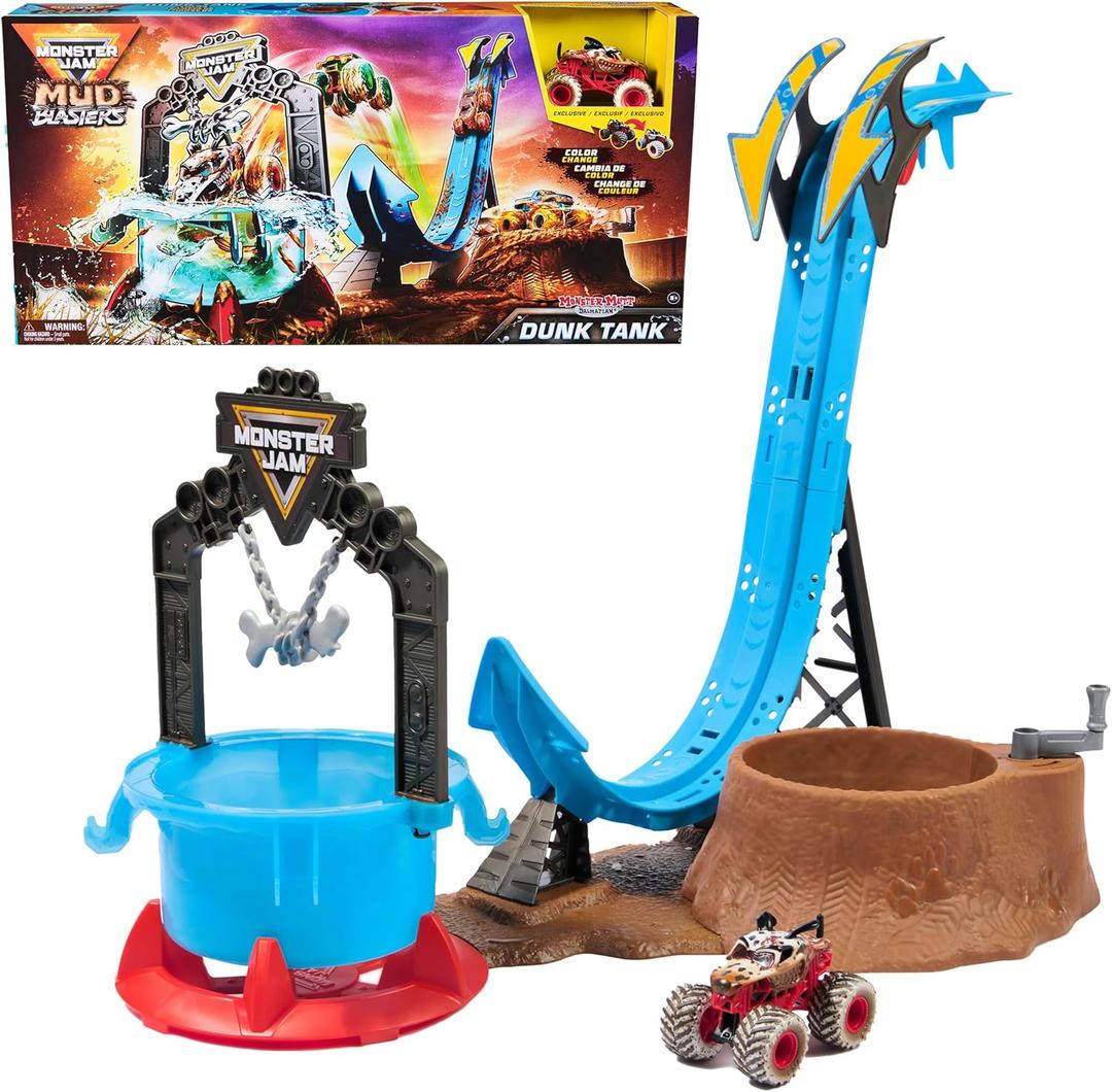 Monster Jam Mud Blasters, Monster Mutt Dalmatian Dunk Tank Playset, Color Change Action, Kids Toy Gifts for Boys and Girls Ages 3 and Up (Multicolor)