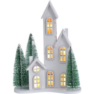 White Christmas Village Set with LED, Wooden Xmas Tabletop Decor, Mini Winter Town Display, Christmas Table Centerpieces for Indoor Decoration, for Mantel Desktop Shelf Fireplace (Style C)