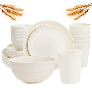 Rubtlamp 24 Pcs Wheat Straw Dinnerware Sets, Unbreakable Reusable Plastic Wheat Straw Bowls & Plates Dinner Set, Microwave And Dishwasher Safe Plates, 12Plates, 6Bowls, 6Cups for Party(Beige)