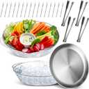 Baderke 2 Sets 11.8" Chilled Serving Tray for Parties Round Iced Platter with Ice Underneath Stainless Steel Clip Fruit Fork Shrimp Cocktail Serving Dish for Oysters Crawfish Fruits (Original)