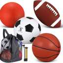 Lenwen 4 Pcs Sports Balls Set, Include Official Size Basketball Soccer Football Playground Ball Pump Equipment Bag Recess Equipment Sport for Teen Adult Gift Back to School (Brownish Red)