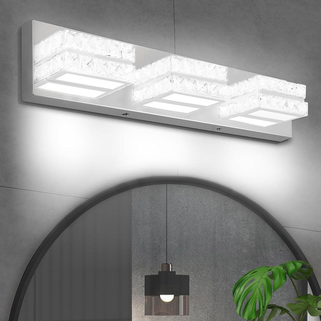 OKELI Bathroom Crystal Vanity Light Modern 3 Lights LED Vanity Light Over Mirror LED Wall Mounted Light Chrome, 6000K Cold White, 18W