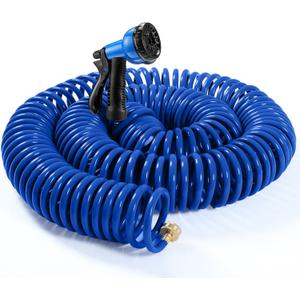Therwen 100 ft Recoil Garden Hose, Self-coiling Lightweight Water Hose with 3/4'' Brass Connector and 8-pattern Spray Nozzle, Kink-free Spiral Hoses for Rv, Boat, Balcony and Car Washing