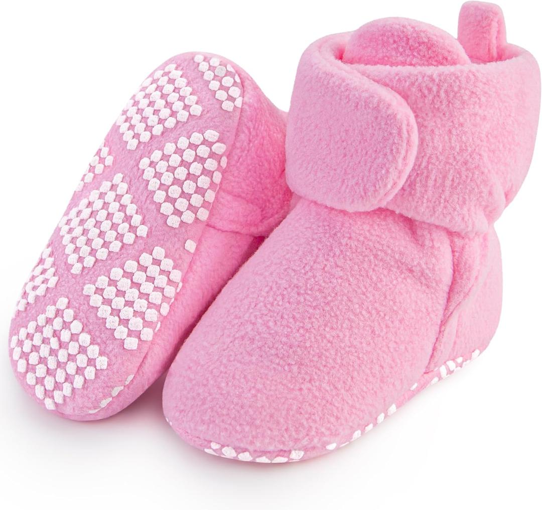 Pro Goleem Fleece Baby Booties, Warm Cozy Baby Slippers, Stay On Sock Shoes, Easy to Put on, Unisex Baby Gifts, Soft Non-Slip Adjustable Newborn Boots for Boys and Girls (Pink)