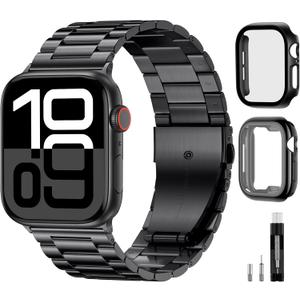 WJK Metal Band Compatible with Apple Watch Bands For Men Women, Stainless Steel Replacement Strap with 2 Pack Case Screen Protector Compatible for iWatch, Size: 44mm(Series 6/5/4, SE 3/2/1)