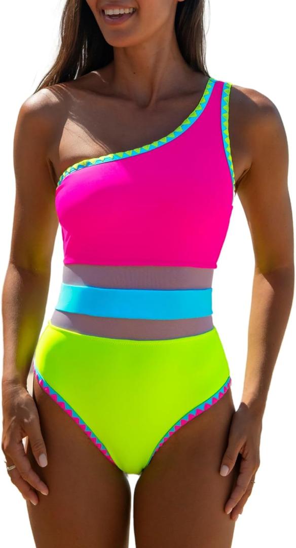 Popvil One Shoulder One Piece Swimsuit for Women Neon Color Block Bathing Suits Modest Full Coverage Swimwear (Small, Neon Hot Pink)