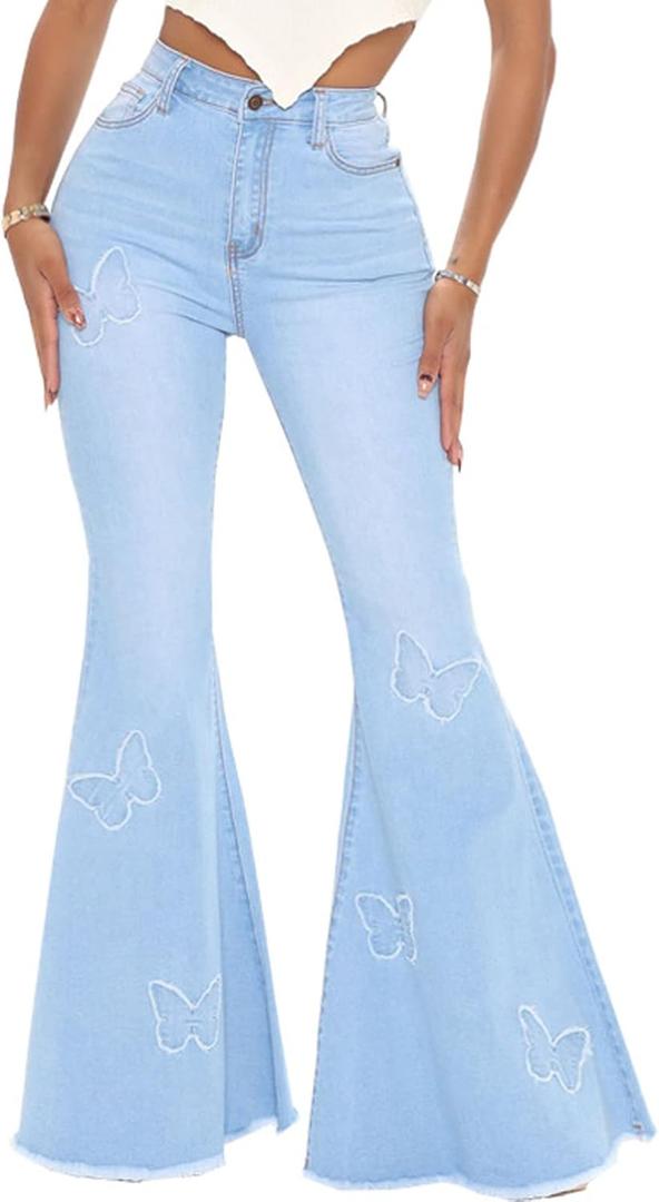 Women's Butterfly Bell Bottom Jeans Elastic High Waisted Embroidered Classic Flareed Jeans Raw Hem Denim Pants with Pocket (Large, Light Blue)
