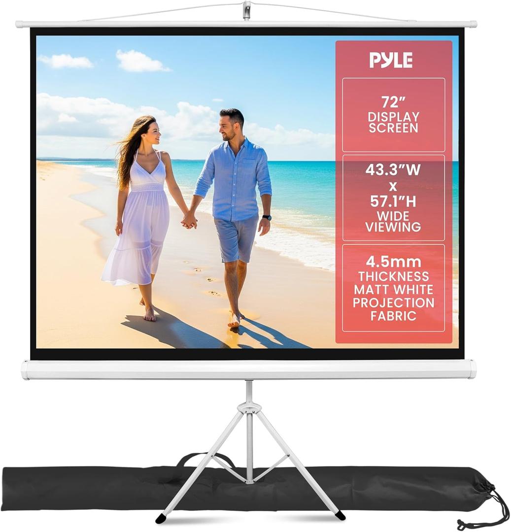 Pyle 72 Inch Outdoor Projector Screen with Stand-Portable Fold Out Roll Up Screen with Tripod Stand,White Matte Fabric 4:3 Aspect Ratio 4K HD Quality Black Masking Border,Ideal for Home and Office Use