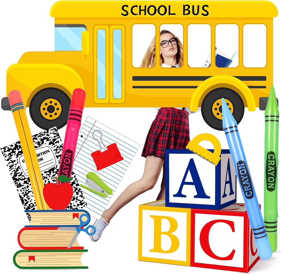 15 Pcs Back to School Decorations School Bus Photo Booth Preschool First Day of Schools Bus Photo Prop Kindergarten Party Backdrop Giant Inflatable Pencil Crayon Balloon Themed Party Decor, 41 inches , 43 inches